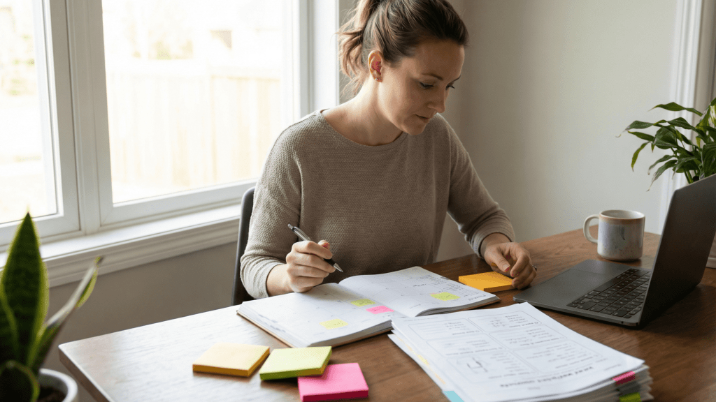 mujer creativa, emprendedora, organizando el contenido de su marca personal, sintiéndose más tranquila de tener más control en su negocio